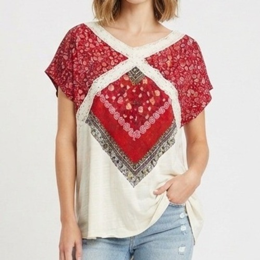 Umgee Blouse Womens Large Red White Floral Lace Boho Peasant Top